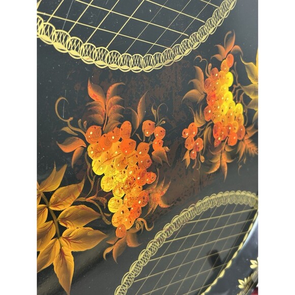 Vintage Russian Round Metal Tray Hand Painted Floral Design Decorative 12.5” - Picture 3 of 7